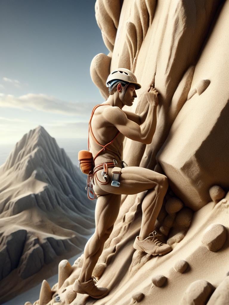 ral-sand, rock climber, climbing a steep mountain <lora:ral-sand-sdxl:1>
