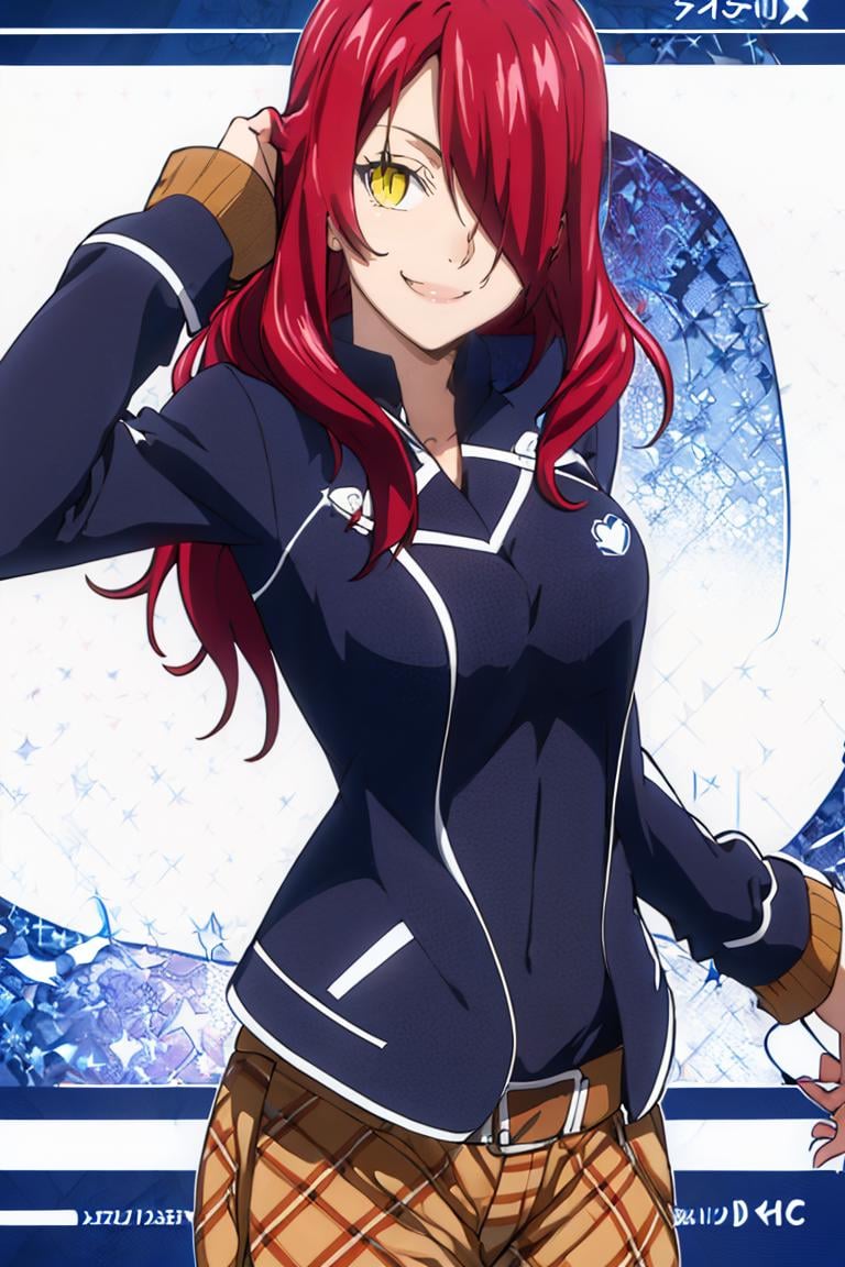 <lora:noelia_ponce_style:0.8>,((masterpiece,best quality)), absurdres, <lora:Kobayashi_Rindou_Shokugeki:0.8>, Kobayashi_Rindou_Shokugeki, 1girl, solo, red hair, long hair, hair over one eye, yellow eyes, jacket, plaid,  solo, smiling, looking at viewer, cowboy shot,