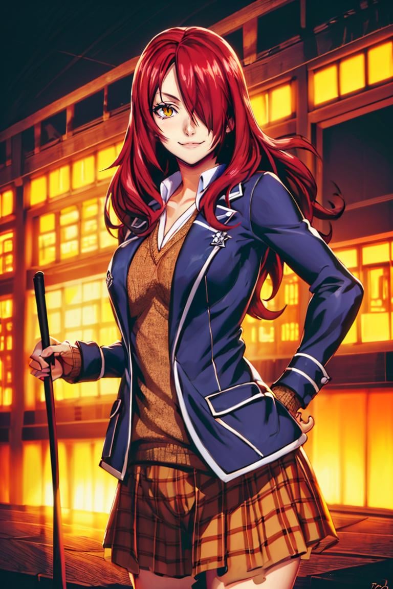 <lora:Genzoman_Style_Dim64:0.6>,((masterpiece,best quality)), absurdres, <lora:Kobayashi_Rindou_Shokugeki:0.8>, Kobayashi_Rindou_Shokugeki, 1girl, solo, red hair, long hair, hair over one eye, yellow eyes, jacket, plaid,  solo, smiling, looking at viewer, cowboy shot,