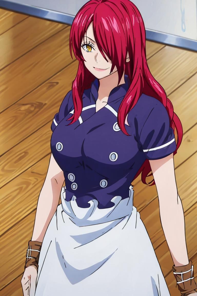 <lora:Oda_Eiichirou_Animation_Style_Dim32:0.8>,((masterpiece,best quality)), absurdres, <lora:Kobayashi_Rindou_Shokugeki:0.8>, Kobayashi_Rindou_Shokugeki, 1girl, solo, red hair, long hair, hair over one eye, yellow eyes, chef, white smock, solo, smiling, looking at viewer, cowboy shot, 