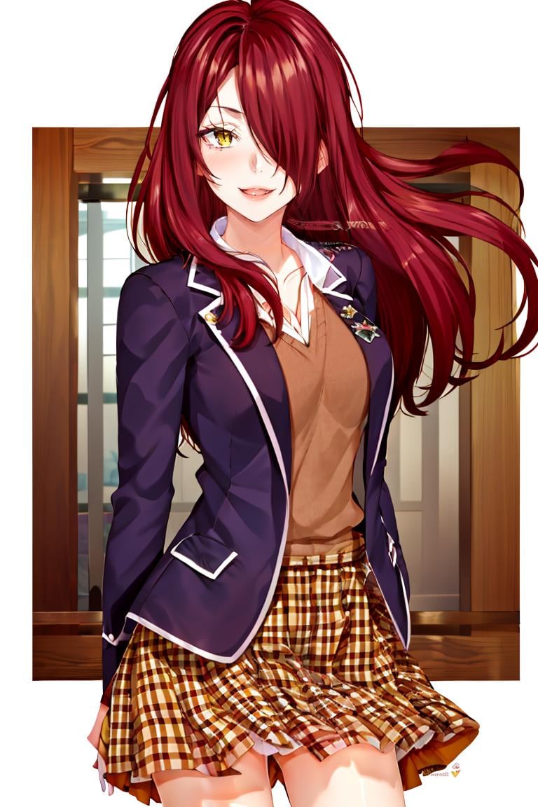 <lora:Puppypaww_Style:0.8>,((masterpiece,best quality)), absurdres, <lora:Kobayashi_Rindou_Shokugeki:0.8>, Kobayashi_Rindou_Shokugeki, 1girl, solo, red hair, long hair, hair over one eye, yellow eyes, jacket, plaid,  solo, smiling, looking at viewer, cowboy shot,