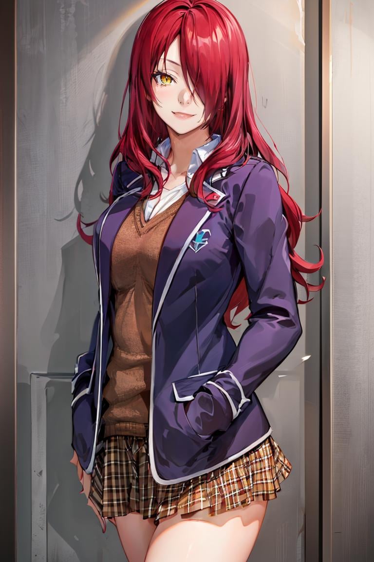 <lora:Konpeto_Style_Dim32 :0.8>,((masterpiece,best quality)), absurdres, <lora:Kobayashi_Rindou_Shokugeki:0.8>, Kobayashi_Rindou_Shokugeki, 1girl, solo, red hair, long hair, hair over one eye, yellow eyes, jacket, plaid,  solo, smiling, looking at viewer, cowboy shot,