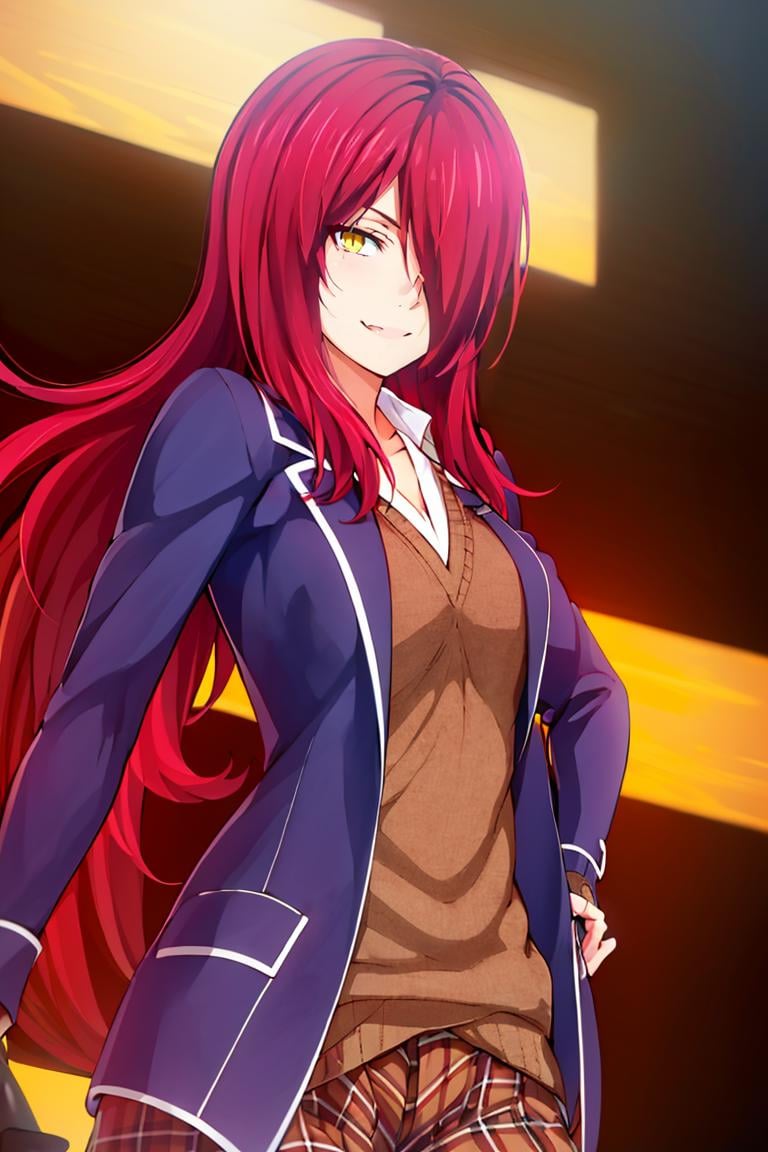 <lora:ricegnat_style:0.8>,((masterpiece,best quality)), absurdres, <lora:Kobayashi_Rindou_Shokugeki:0.8>, Kobayashi_Rindou_Shokugeki, 1girl, solo, fang, red hair, long hair, hair over one eye, yellow eyes, jacket, plaid,  solo, smiling, looking at viewer, cowboy shot,  cinematic composition,