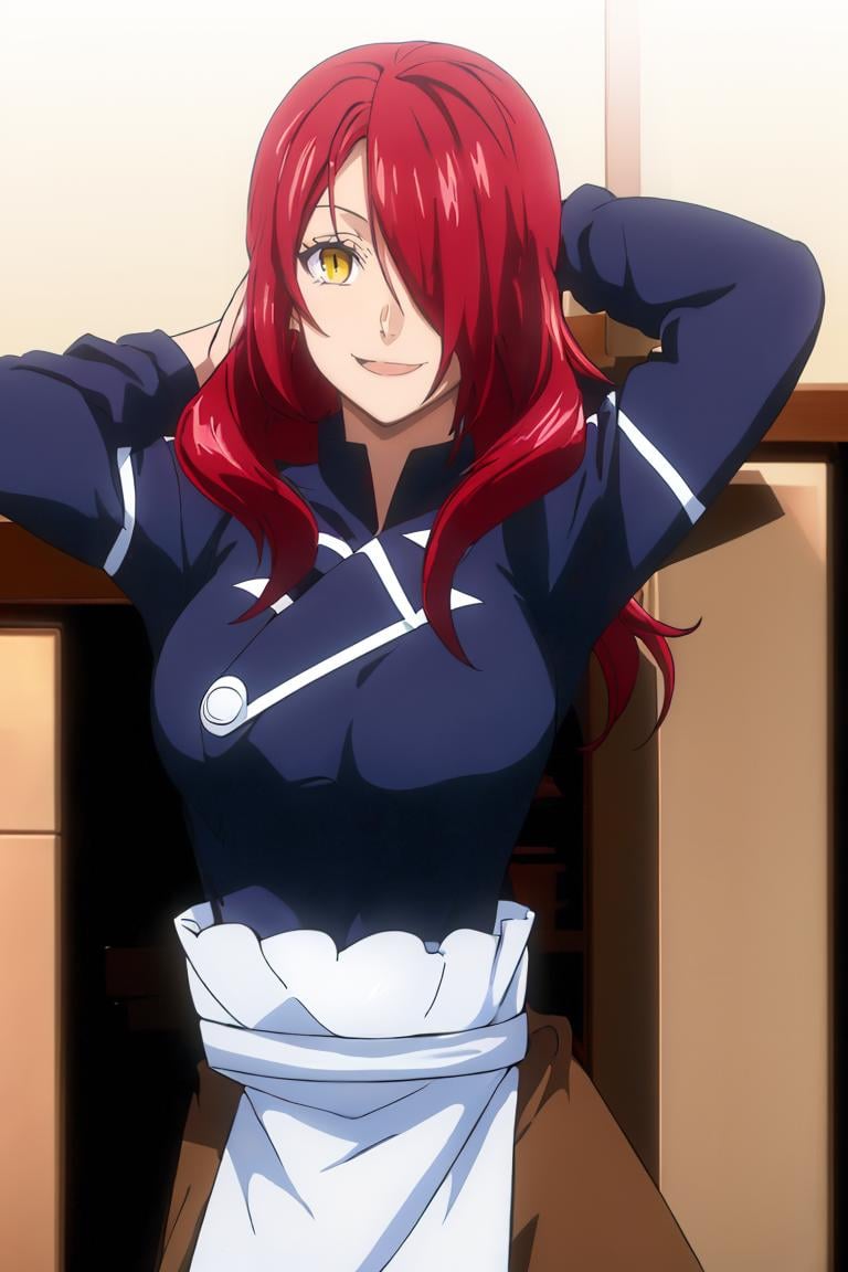 <lora:noelia_ponce_style:0.8>,((masterpiece,best quality)), absurdres, <lora:Kobayashi_Rindou_Shokugeki:0.8>, Kobayashi_Rindou_Shokugeki, 1girl, solo, red hair, long hair, hair over one eye, yellow eyes, chef, white smock, solo, smiling, looking at viewer, cowboy shot,