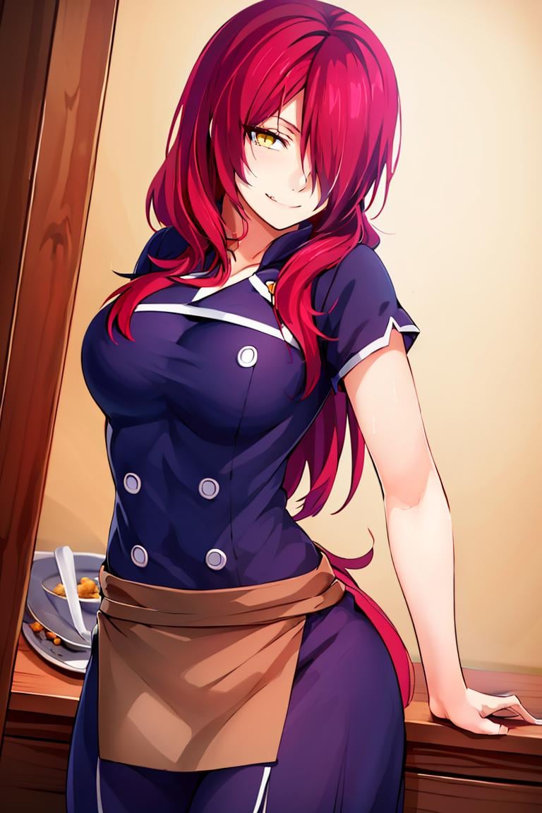 <lora:ricegnat_style:0.8>,((masterpiece,best quality)), absurdres, <lora:Kobayashi_Rindou_Shokugeki:0.8>, Kobayashi_Rindou_Shokugeki, 1girl, solo, fang, red hair, long hair, hair over one eye, yellow eyes, chef, white smock, solo, smiling, looking at viewer, cowboy shot,  cinematic composition,