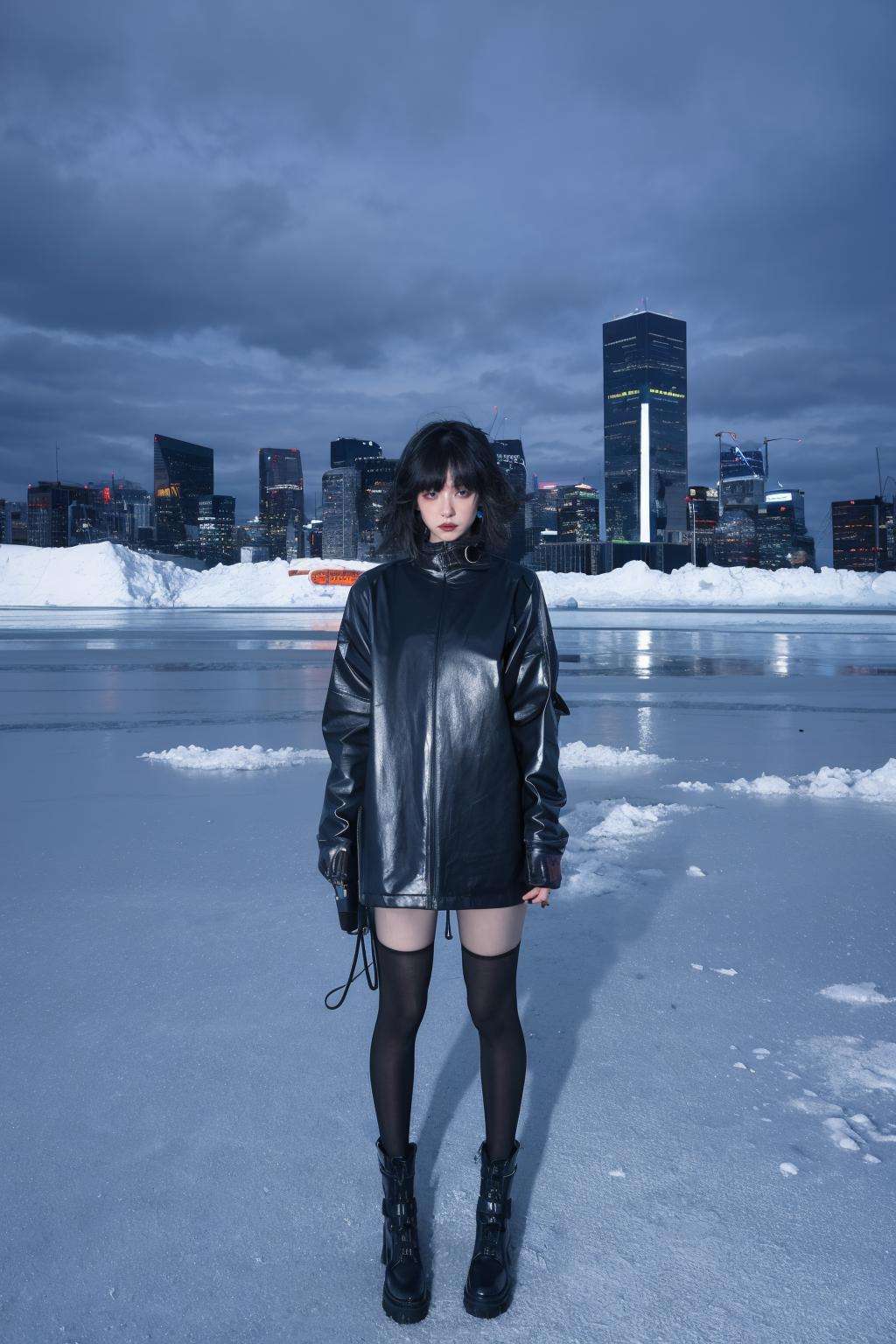 A cyberpunk cityscape serves as the backdrop for a scene where a girl in a black dress is surrounded by an Icelandic ice environment. The ambiance is cold, with muted saturation to create a haunting atmosphere. The predominant blue hue echoes the crisp air and icy landscape. The girl's black dress offers a stark contrast to the almost monochromatic icy setting, bringing a touch of poignancy to the canvas. This setting, with reduced saturation, not only conveys coldness but also a sense of melancholy, emphasizing her isolation in a vast, indifferent environment. The juxtaposition of her vulnerability and the strength of nature is striking. The blue overtone might represent a deep connection to the icy surroundings, suggesting a balance between humanity and nature. The scene is enriched with neon lights, dark alleys, towering skyscrapers, and vibrant colors, all contributing to a futuristic, high-contrast, and highly detailed landscape