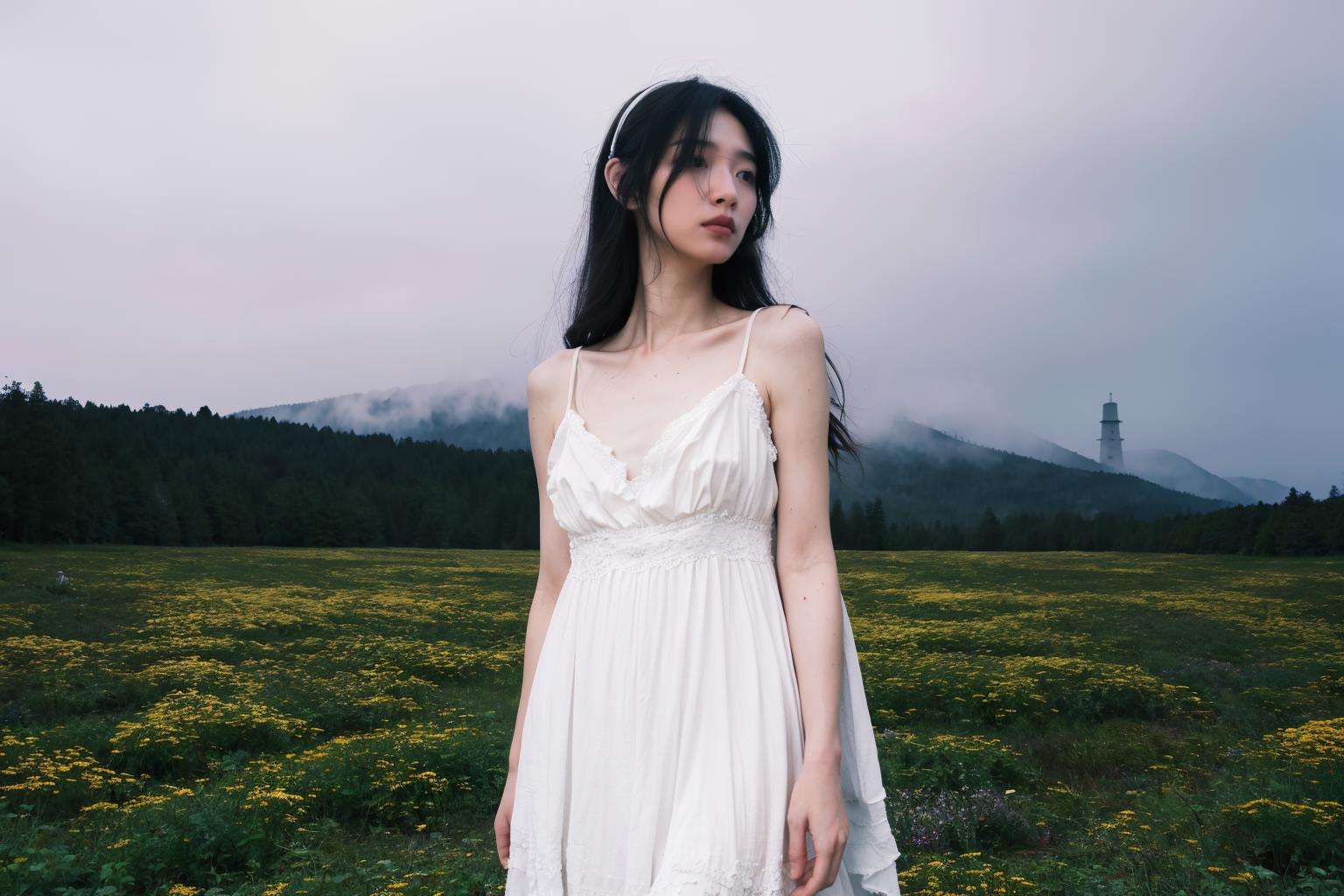 concept art Deep in a forest,a girl is immersed,donned in a white dress. The forest is laden with fog,the sky gloomy without sunshine,portraying a cold color scheme with low saturation. The girl embodies a stark contrast to her surroundings,a beacon of light and innocence in the midst of a surreal and maybe even foreboding landscape. It feels like a moment frozen in time,where magic and reality coalesce. Photo taken by Mihaela Noroc with a Sony Alpha 1 and 24-70mm lens,Award Winning Photography style,Soft and diffused lighting with a dreamlike quality,8K,Ultra-HD,Super-Resolution . digital artwork,illustrative,painterly,matte painting,highly detailed,