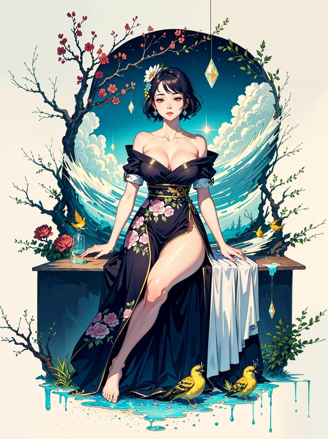 (Fairy Dragon Bone,  Fairy Long Skirt,  Close Up,  Phoenix Transparent Dress,  Tianchi,  Rose,  Colorful Cloud Sea,  Facing Me,  Looking Up,  Renaissance,  Barefoot,  5 Toes,  Long Legs,  Liquid Tree,  Liquid Mountain,  Gaseous Sky,  High Definition)),  (((Super Detailed,  Extreme Detail)),  Ultra Fine Painting,  Master Made,  Full Body Photo,  High Quality,  8k,  Light Rainbow Shining Hair,  Short Hair,  Perfect eye makeup,  chubby lips,  collarbone,  (huge crystals,  soap bubbles,  Dingdall effect), A ink painting of a tranquil orchard with Chinese writing on it and a pair of birds building their nest, with a fruit-laden branch in the foreground, An Zhengwen, organic painting, a minimalist painting, art & language, ink and wash,