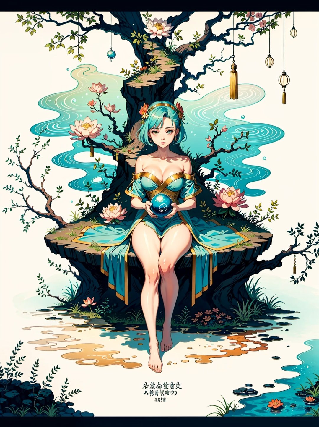 (Lotus Pond, Golden Fairy Dress, Close Up, Jade Ruyi Transparent Dress, Tianchi, Colorful Cloud Sea, Facing Me, Looking Up, Renaissance, Barefoot, 5 Toes, Long Legs, Liquid Tree, Liquid Mountain, Gaseous Sky, High Definition)), (((Super Detailed, Extreme Detail))), Ultra Fine Painting, Master Made, Full Body Photo, High Quality, 8k, Light Rainbow Shining Hair, Short Hair, Perfect eye makeup, chubby lips, collarbone, (huge crystals, soap bubbles, Dingdall effect, coral, coral, plush decoration), A ink painting of a tranquil orchard with Chinese writing on it and a pair of birds building their nest, with a fruit-laden branch in the foreground, An Zhengwen, organic painting, a minimalist painting, art & language, ink and wash,