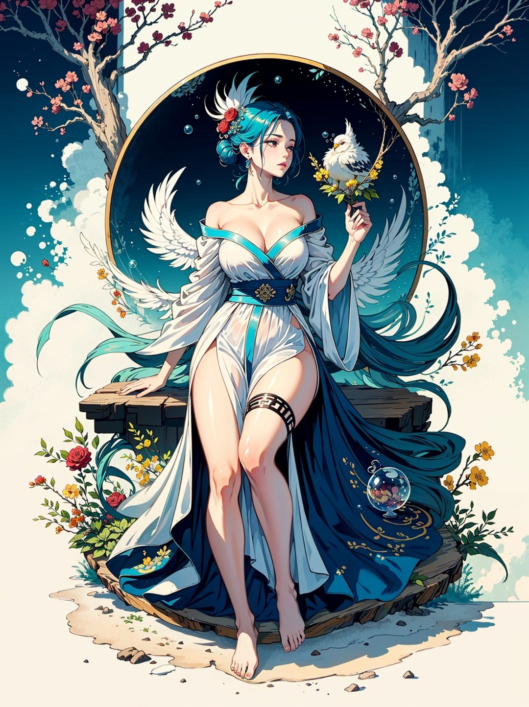 (Fairy Dragon Bone,  Fairy Long Skirt,  Close Up,  Phoenix Transparent Dress,  Tianchi,  Rose,  Colorful Cloud Sea,  Facing Me,  Looking Up,  Renaissance,  Barefoot,  5 Toes,  Long Legs,  Liquid Tree,  Liquid Mountain,  Gaseous Sky,  High Definition)),  (((Super Detailed,  Extreme Detail)),  Ultra Fine Painting,  Master Made,  Full Body Photo,  High Quality,  8k,  Light Rainbow Shining Hair,  Short Hair,  Perfect eye makeup,  chubby lips,  collarbone,  (huge crystals,  soap bubbles,  Dingdall effect), A ink painting of a tranquil orchard with Chinese writing on it and a pair of birds building their nest, with a fruit-laden branch in the foreground, An Zhengwen, organic painting, a minimalist painting, art & language, ink and wash,