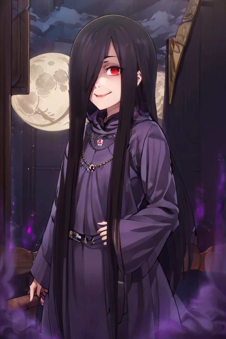 <lora:ricegnat_style:0.8>,((masterpiece,best quality)), absurdres, <lora:Sadatsuka_Nao_Shokugeki:0.8>, Sadatsuka_Nao_Shokugeki, 1girl, solo, black hair, long hair, hair over one eye, red eyes, purple cloak, skull accessory, @_@,  solo, smiling, evil smile, looking at viewer, cowboy shot, full moon,  cinematic composition,