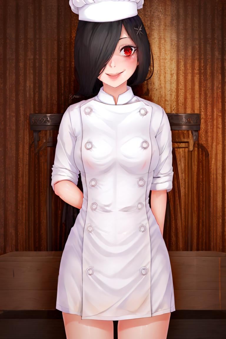 <lora:Puppypaww_Style:0.8>,((masterpiece,best quality)), absurdres, <lora:Sadatsuka_Nao_Shokugeki:0.8>, Sadatsuka_Nao_Shokugeki, 1girl, solo, black hair, long hair, hair over one eye, red eyes, chef, chef hat, @_@,  solo, smiling, blushing, looking at viewer, cowboy shot,