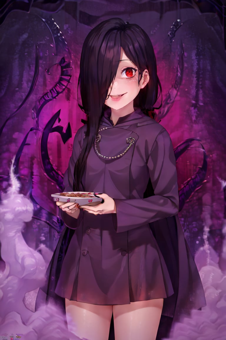 <lora:Puppypaww_Style:0.8>,((masterpiece,best quality)), absurdres, <lora:Sadatsuka_Nao_Shokugeki:0.8>, Sadatsuka_Nao_Shokugeki, 1girl, solo, black hair, long hair, hair over one eye, red eyes, purple cloak, skull accessory, @_@,  solo, smiling, evil smile, looking at viewer, cowboy shot, full moon, purple smoke, Cauldron,  cinematic composition,