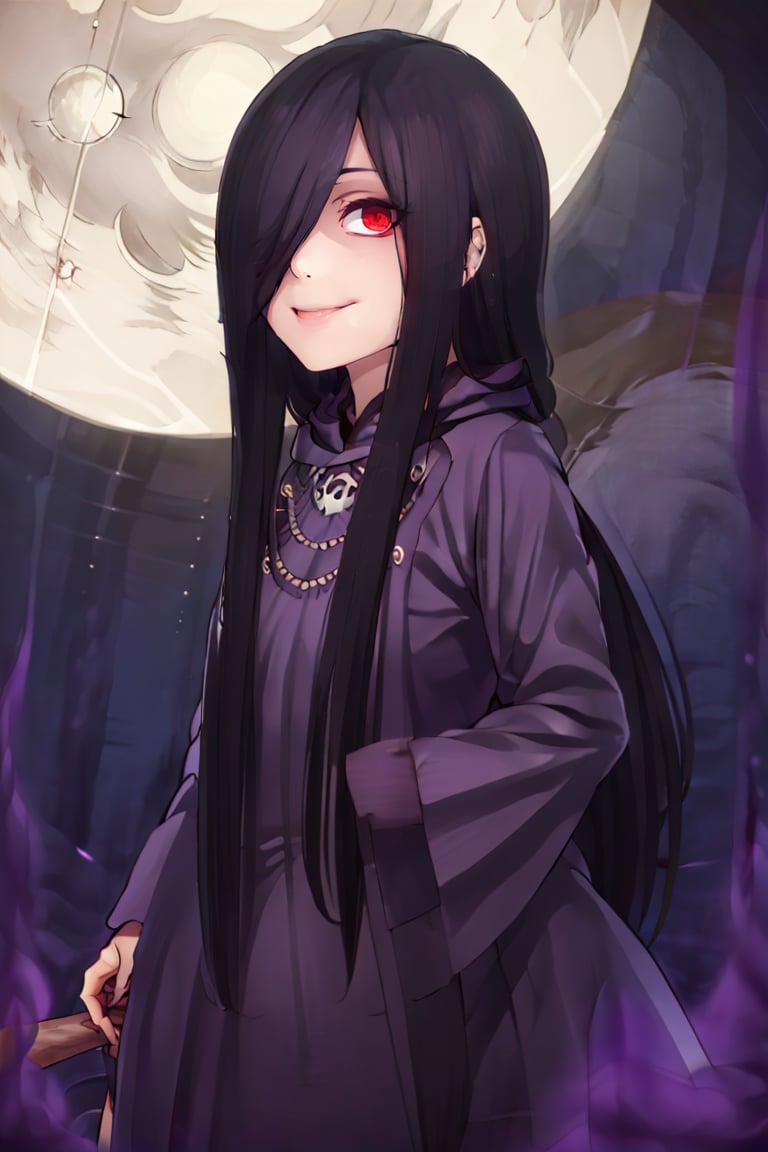 <lora:ricegnat_style:0.8>,((masterpiece,best quality)), absurdres, <lora:Sadatsuka_Nao_Shokugeki:0.8>, Sadatsuka_Nao_Shokugeki, 1girl, solo, black hair, long hair, hair over one eye, red eyes, purple cloak, skull accessory, @_@,  solo, smiling, evil smile, looking at viewer, cowboy shot, full moon,  cinematic composition,