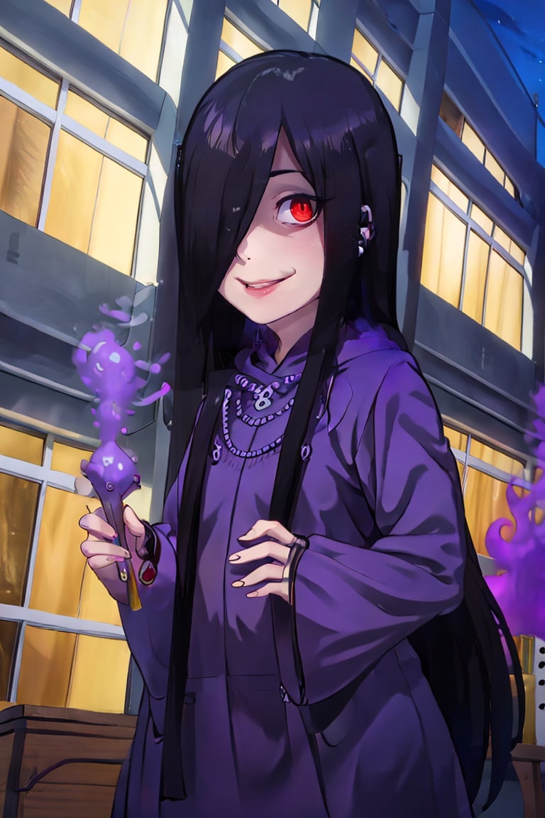 <lora:the_other_half_style:0.8>,((masterpiece,best quality)), absurdres, <lora:Sadatsuka_Nao_Shokugeki:0.8>, Sadatsuka_Nao_Shokugeki, 1girl, solo, black hair, long hair, hair over one eye, red eyes, purple cloak, skull accessory, @_@,  solo, smiling, evil smile, looking at viewer, cowboy shot, full moon, purple smoke, Cauldron,  cinematic composition,