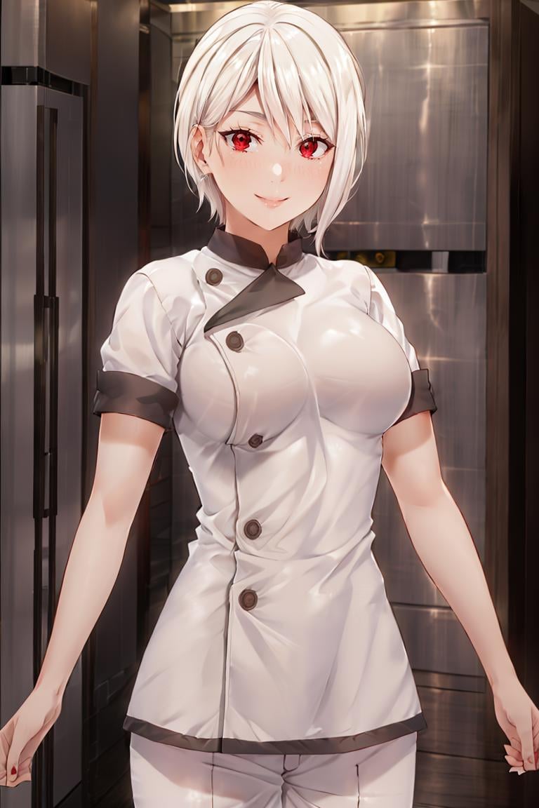 <lora:Puppypaww_Style:0.8>,((masterpiece,best quality)), absurdres, <lora:Nakiri_Alice_Shokugeki:0.8>, Nakiri_Alice_Shokugeki, white hair, short hair, red eyes, chef,  solo, smiling, looking at viewer, cowboy shot,  cinematic composition,