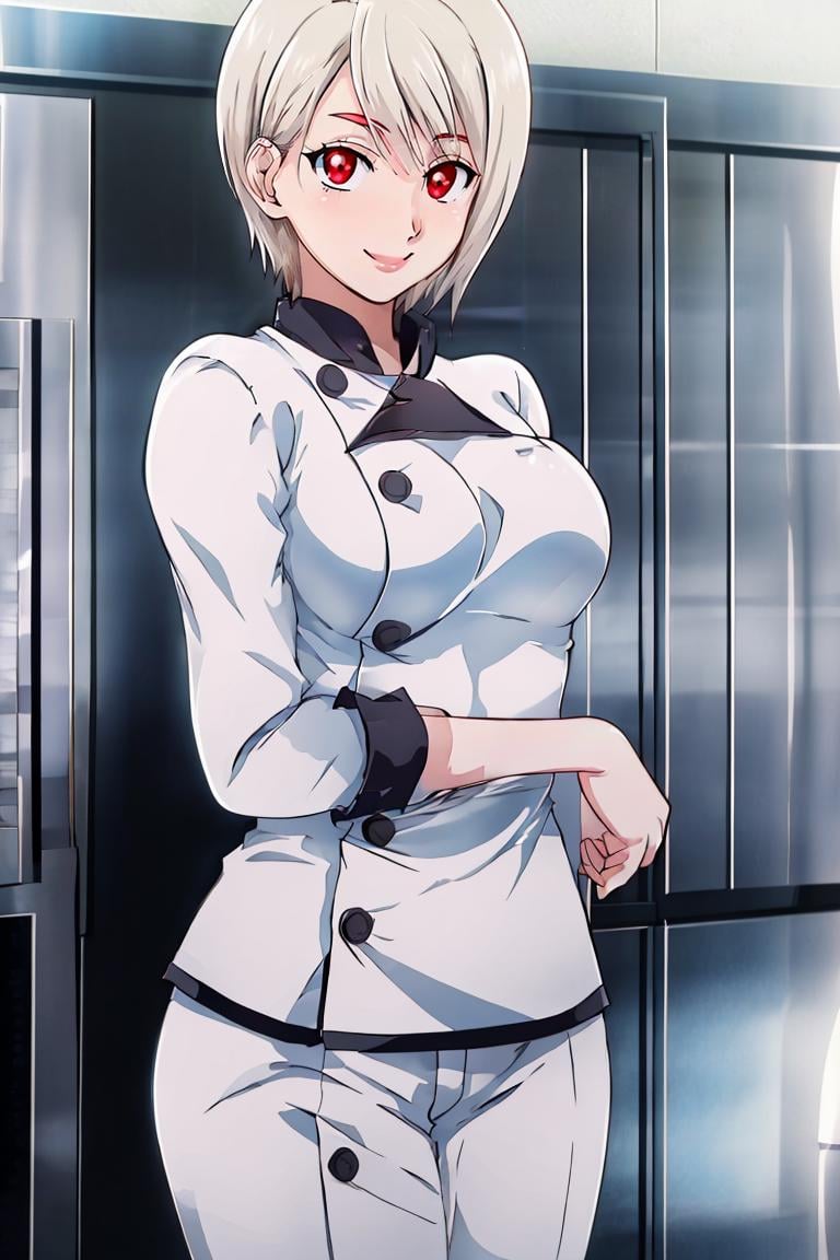 <lora:Konpeto_Style_Dim32:0.8>,((masterpiece,best quality)), absurdres, <lora:Nakiri_Alice_Shokugeki:0.8>, Nakiri_Alice_Shokugeki, white hair, short hair, red eyes, chef,  solo, smiling, looking at viewer, cowboy shot,