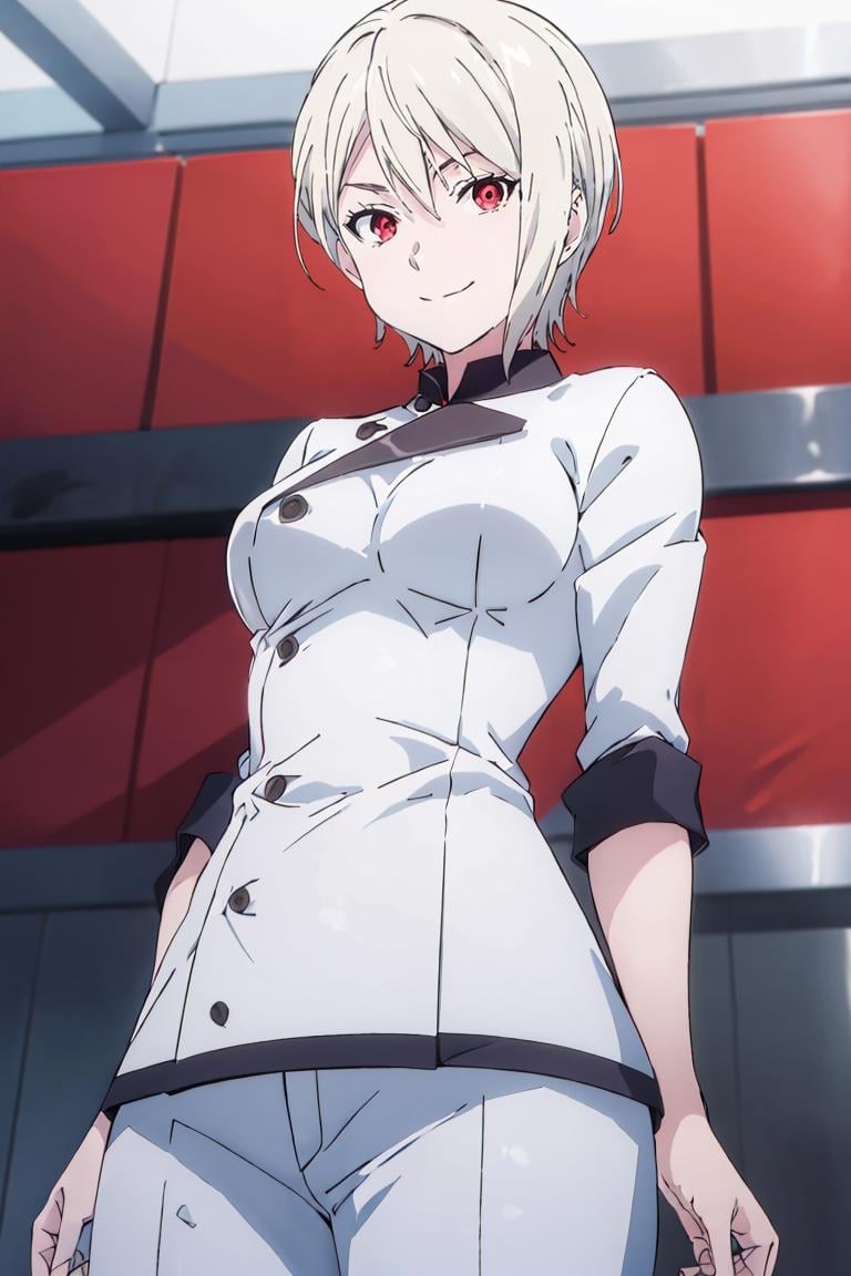 <lora:cutefires_style:0.8>,((masterpiece,best quality)), absurdres, <lora:Nakiri_Alice_Shokugeki:0.8>, Nakiri_Alice_Shokugeki, white hair, short hair, red eyes, chef,  solo, smiling, looking at viewer, cowboy shot,  cinematic composition,