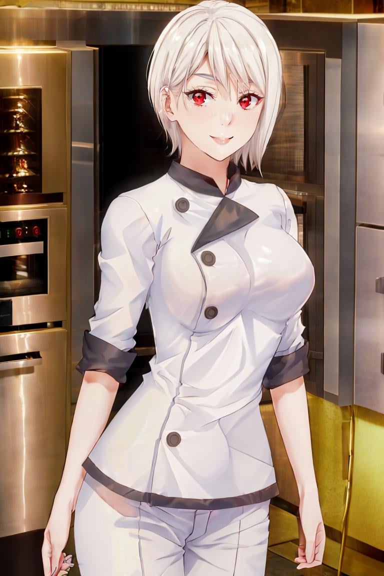 <lora:Puppypaww_Style:0.8>,((masterpiece,best quality)), absurdres, <lora:Nakiri_Alice_Shokugeki:0.8>, Nakiri_Alice_Shokugeki, white hair, short hair, red eyes, chef,  solo, smiling, looking at viewer, cowboy shot,