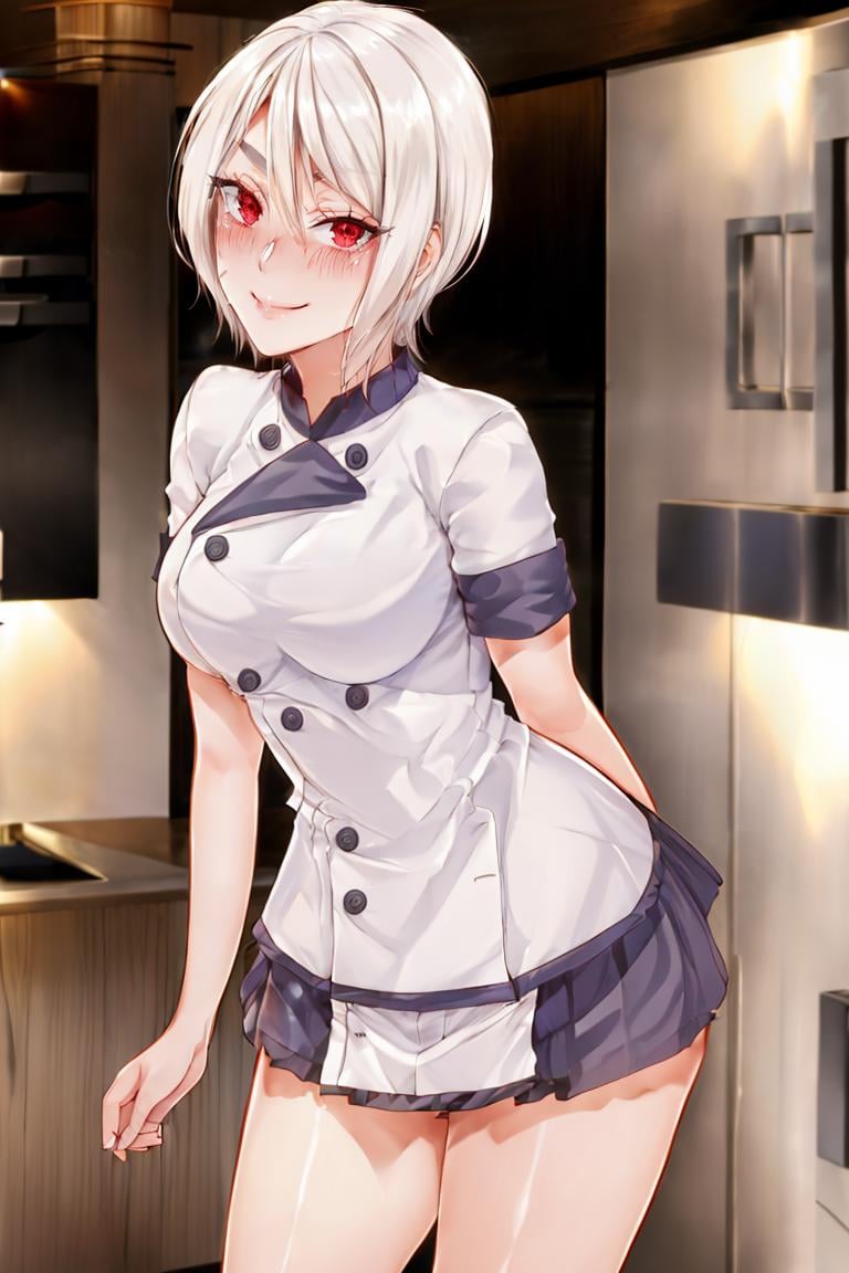 <lora:Puppypaww_Style:0.8>,((masterpiece,best quality)), absurdres, <lora:Nakiri_Alice_Shokugeki:0.8>, Nakiri_Alice_Shokugeki, white hair, short hair, red eyes, chef,  solo, smiling,blushing, leaning forward, smug, detailed face, looking at viewer, cowboy shot,