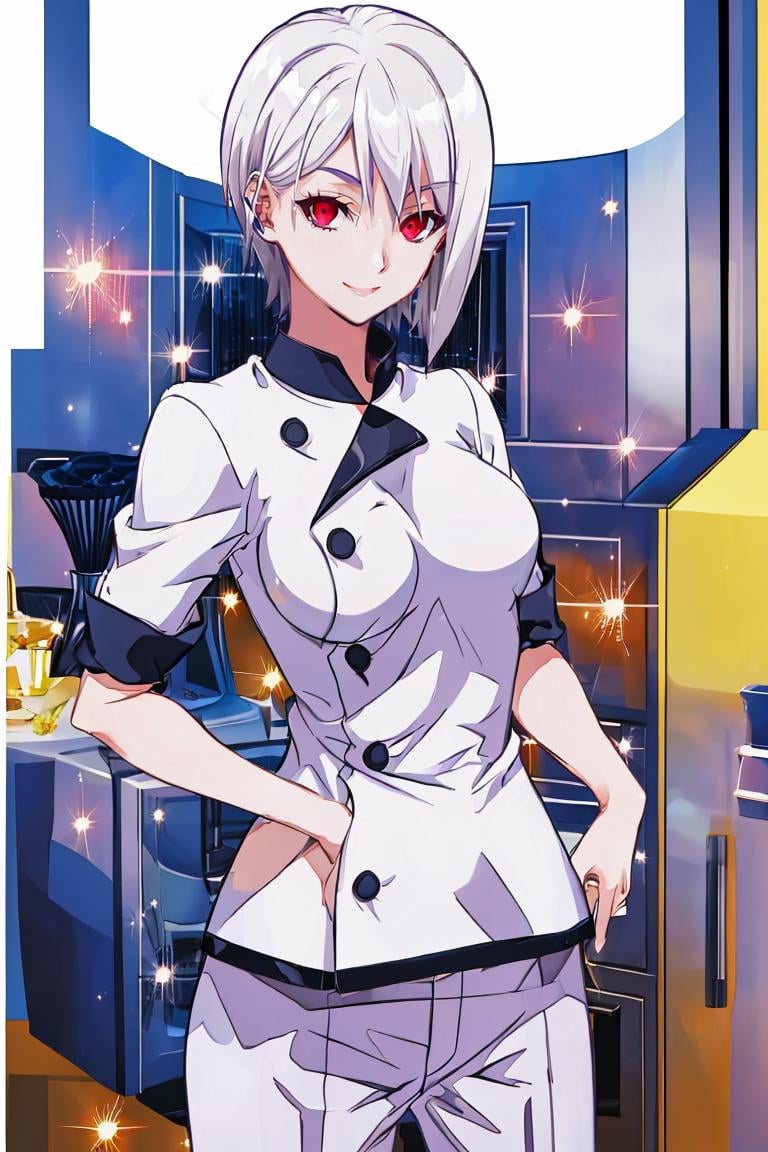 <lora:Harada_Takehito_Background_Dim32:0.8>,((masterpiece,best quality)), absurdres, <lora:Nakiri_Alice_Shokugeki:0.8>, Nakiri_Alice_Shokugeki, white hair, short hair, red eyes, chef,  solo, smiling, looking at viewer, cowboy shot,