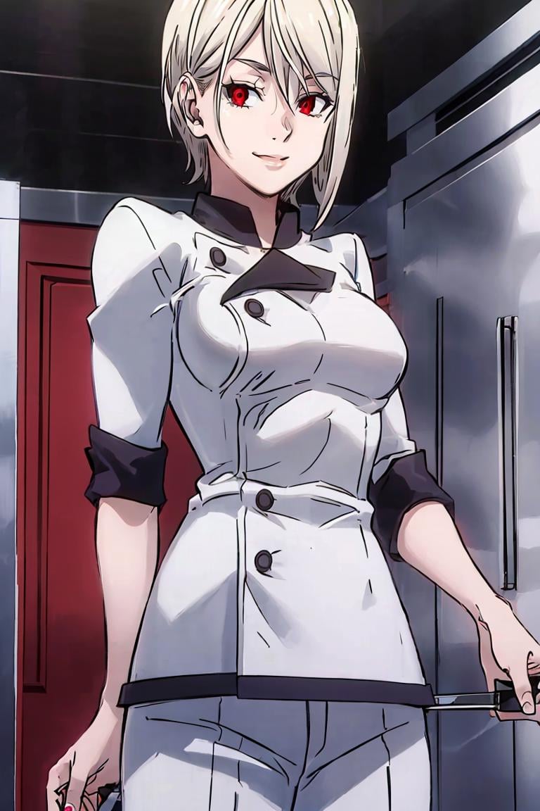 <lora:Alex_Ahad_Style:0.8>,((masterpiece,best quality)), absurdres, <lora:Nakiri_Alice_Shokugeki:0.8>, Nakiri_Alice_Shokugeki, white hair, short hair, red eyes, chef,  solo, smiling, looking at viewer, cowboy shot,  cinematic composition,