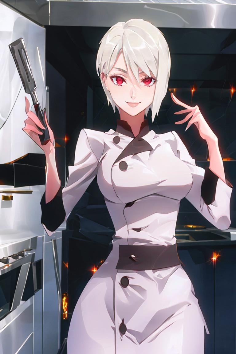 <lora:Iota:0.8>,((masterpiece,best quality)), absurdres, <lora:Nakiri_Alice_Shokugeki:0.8>, Nakiri_Alice_Shokugeki, white hair, short hair, red eyes, chef,  solo, smiling, looking at viewer, cowboy shot,