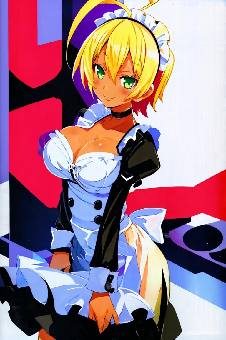 <lora:Harada_Takehito_v2_Repeats5:0.8>,(maid uniform:1, maid headdress, ), ((masterpiece,best quality)), absurdres, <lora:Mito_Ikumi_Shokugeki:0.8>, Mito_Ikumi_Shokugeki, blonde hair, dark skin, green eyes, short hair, 1girl, solo, ahoge, choker, solo, smiling,blushing, looking at viewer, cowboy shot, 