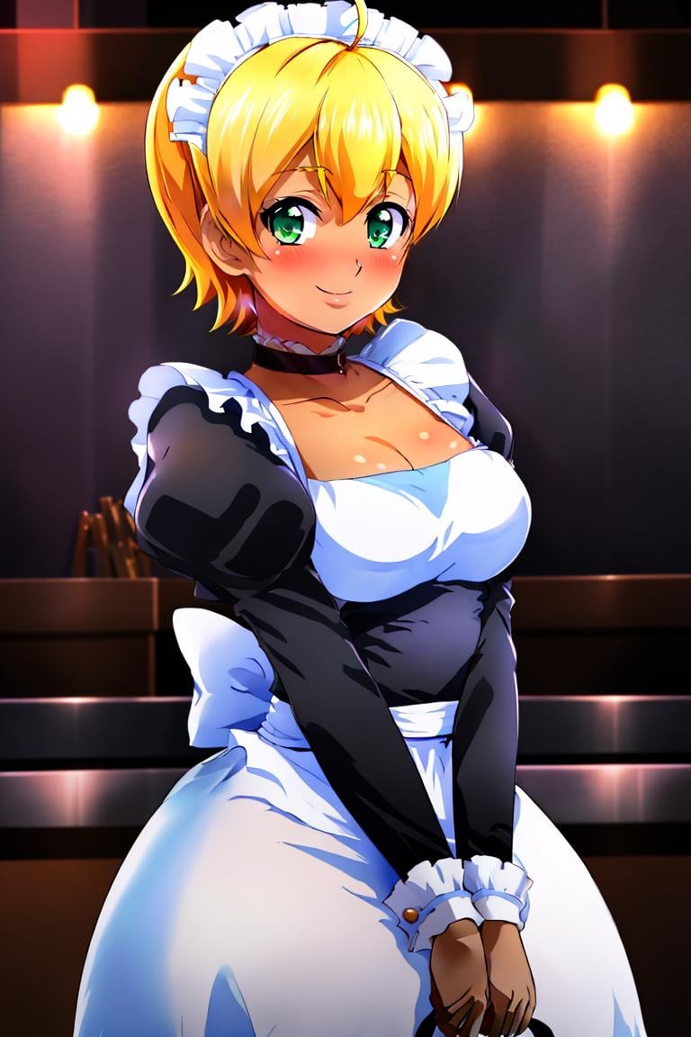 <lora:Konpeto_Style_Dim32:0.8>,(maid uniform:1, maid headdress, ), ((masterpiece,best quality)), absurdres, <lora:Mito_Ikumi_Shokugeki:0.8>, Mito_Ikumi_Shokugeki, blonde hair, dark skin, green eyes, short hair, 1girl, solo, ahoge, choker, solo, smiling,blushing, looking at viewer, cowboy shot, 