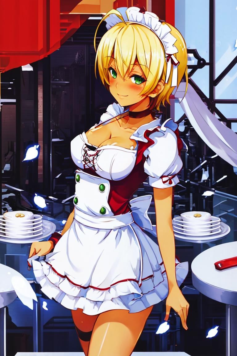 <lora:Harada_Takehito_Background_Dim32:0.8>,(maid uniform:1, maid headdress, ), ((masterpiece,best quality)), absurdres, <lora:Mito_Ikumi_Shokugeki:0.8>, Mito_Ikumi_Shokugeki, blonde hair, dark skin, green eyes, short hair, 1girl, solo, ahoge, choker, solo, smiling,blushing, looking at viewer, cowboy shot, 