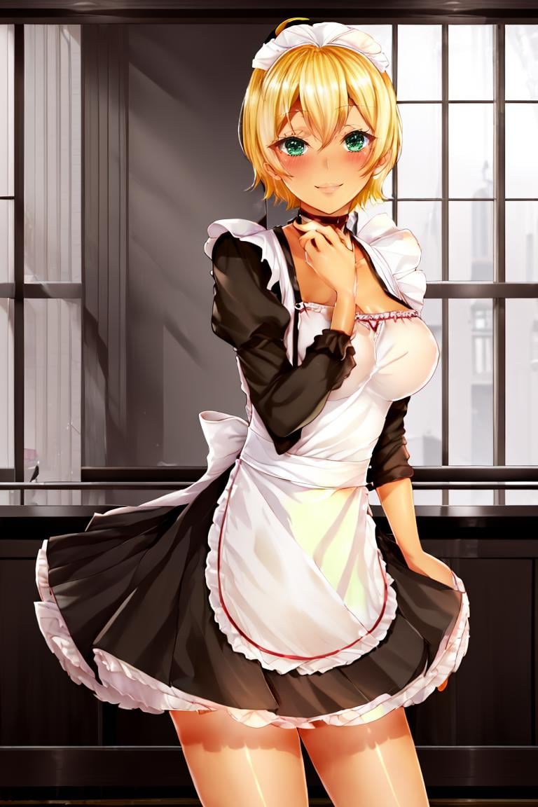 <lora:Puppypaww_Style:0.8>,(maid uniform:1, maid headdress, ), ((masterpiece,best quality)), absurdres, <lora:Mito_Ikumi_Shokugeki:0.8>, Mito_Ikumi_Shokugeki, blonde hair, dark skin, green eyes, short hair, 1girl, solo, ahoge, choker, solo, smiling,blushing, looking at viewer, cowboy shot, 