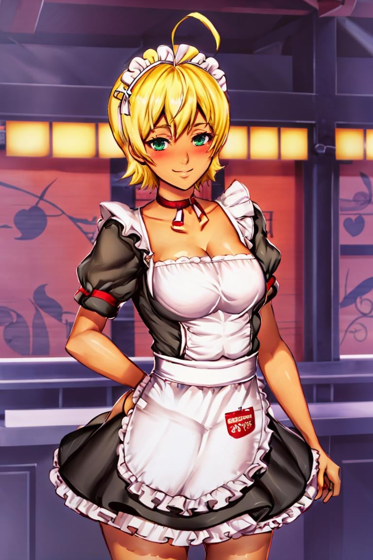 <lora:Genzoman_Style_Dim64:0.6>,(maid uniform:1, maid headdress, ), ((masterpiece,best quality)), absurdres, <lora:Mito_Ikumi_Shokugeki:0.8>, Mito_Ikumi_Shokugeki, blonde hair, dark skin, green eyes, short hair, 1girl, solo, ahoge, choker, solo, smiling,blushing, looking at viewer, cowboy shot, 