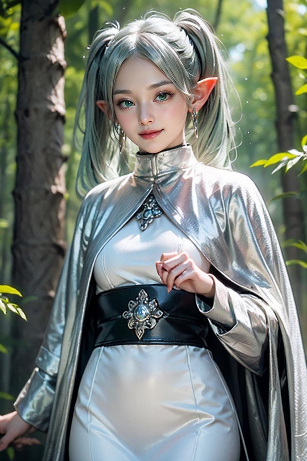 <lora:jingling_10:0.7>,super high resolution,best quality,Photos,4k,(Realistic:1.2),jingling,1girl,green eyes,(silver hair:1.4),pointy_ears,twintails,cloak,standing,day,long_sleeves,white cape,dress,thigh,deep forest,white eyebrows,kind_smile,