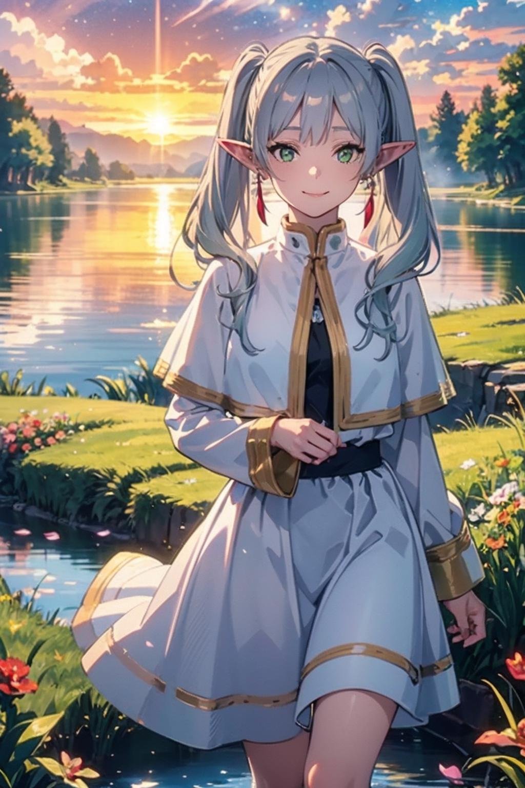 <lora:jingling_10:0.6>,face lighting,bright backlight,super high resolution,best quality,Photos,4k,(Realistic:1.2),jingling,1girl,green eyes,silver hair,smile,pointy_ears,twintails,thigh,cloak,standing,day,long_sleeves,white cape,dress,beautiful and delicate water, the finest grass, very delicate light, nature, painting, water spray, breeze, flowers and grass meadow, near the water edge, (sunset, starry sky in a circle), randomly distributed clouds, river, splashing water, falling petals,