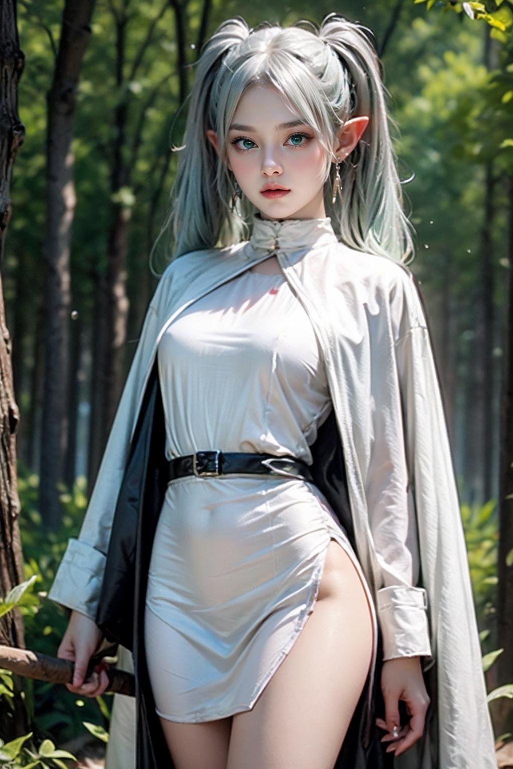 <lora:jingling_10:0.7>,super high resolution,best quality,Photos,4k,(Realistic:1.2),jingling,1girl,green eyes,(silver hair:1.2),pointy_ears,twintails,thigh,cloak,standing,day,long_sleeves,white cape,dress,deep forest,holding a staff in hand,upper_body,