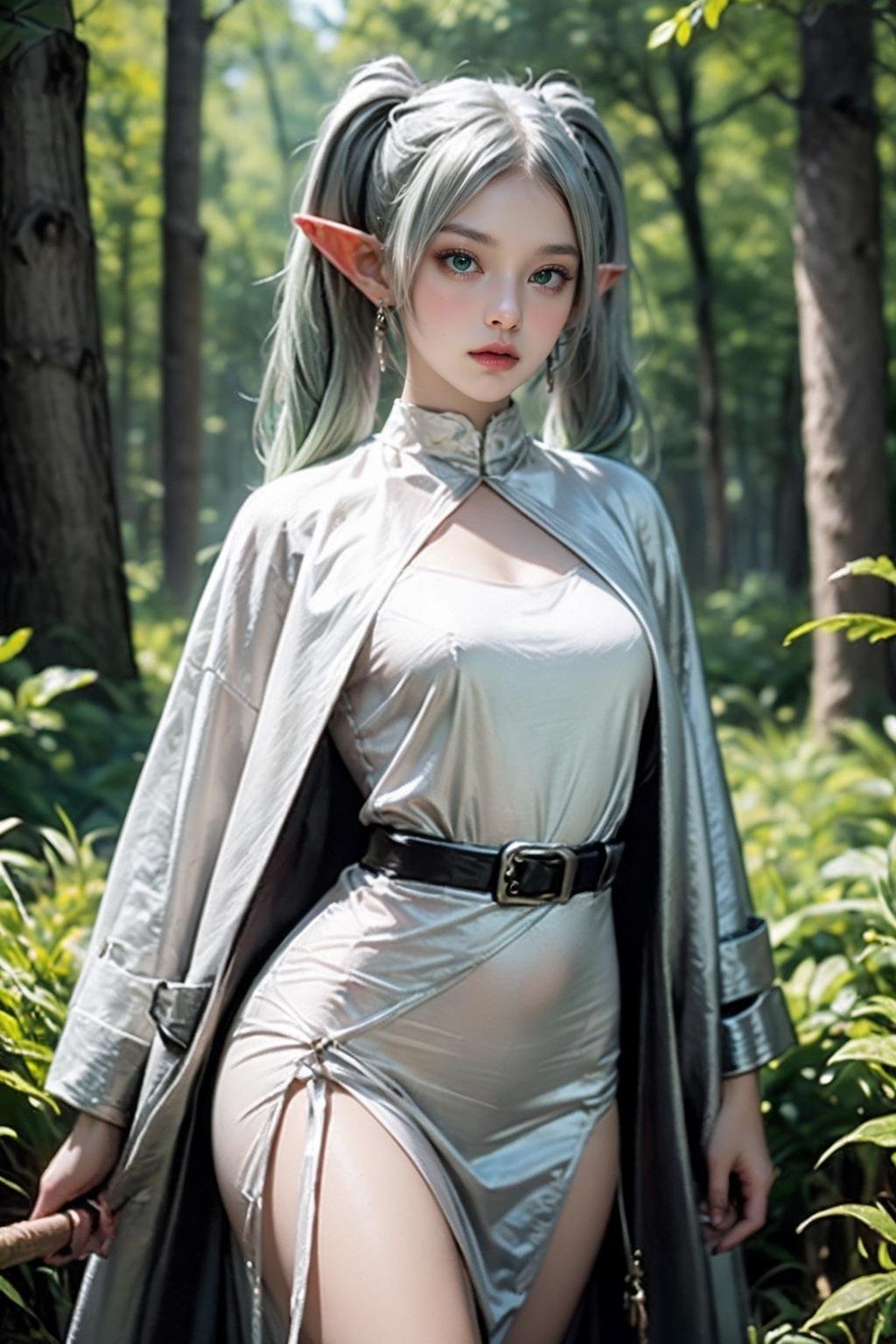 <lora:jingling_10:0.7>,super high resolution,best quality,Photos,4k,(Realistic:1.2),jingling,1girl,green eyes,(silver hair:1.2),pointy_ears,twintails,thigh,cloak,standing,day,long_sleeves,white cape,dress,deep forest,holding a staff in hand,