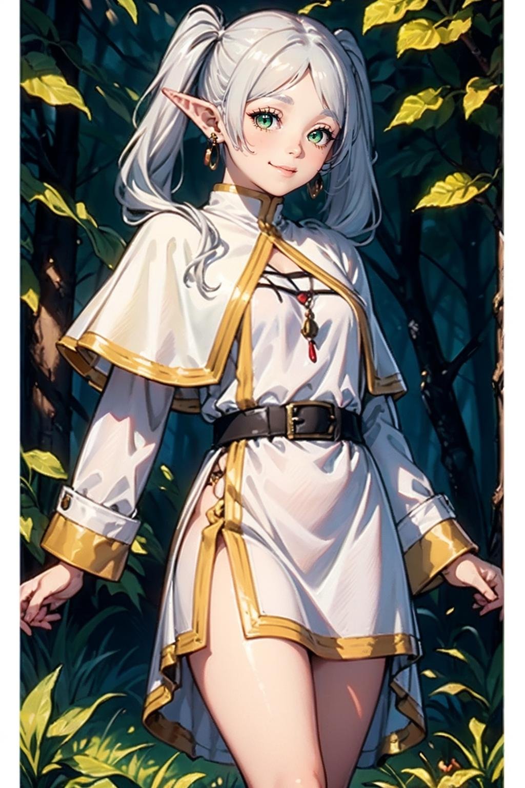 <lora:jingling_10:0.7>,super high resolution,best quality,Photos,4k,(Realistic:1.2),jingling,1girl,green eyes,silver hair,smile,pointy_ears,twintails,thigh,cloak,standing,day,long_sleeves,white cape,dress,deep forest,