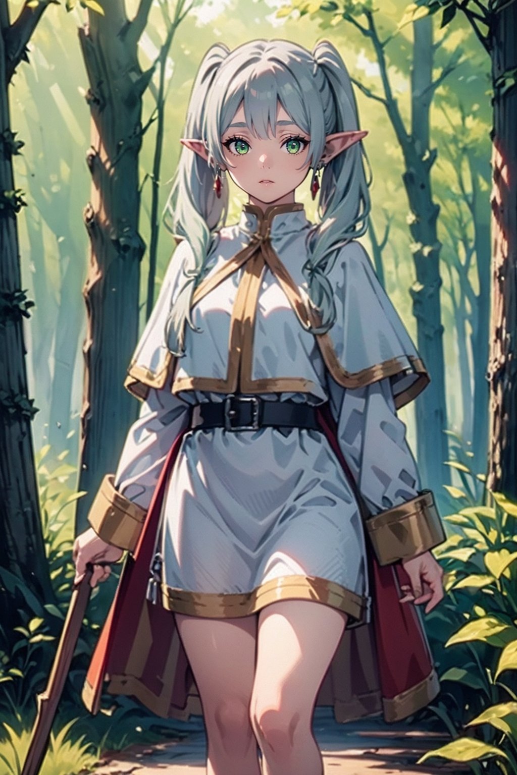 <lora:jingling_10:0.7>,super high resolution,best quality,Photos,4k,(Realistic:1.2),jingling,1girl,green eyes,silver hair,pointy_ears,twintails,thigh,cloak,standing,day,long_sleeves,white cape,dress,deep forest,holding a staff in hand,