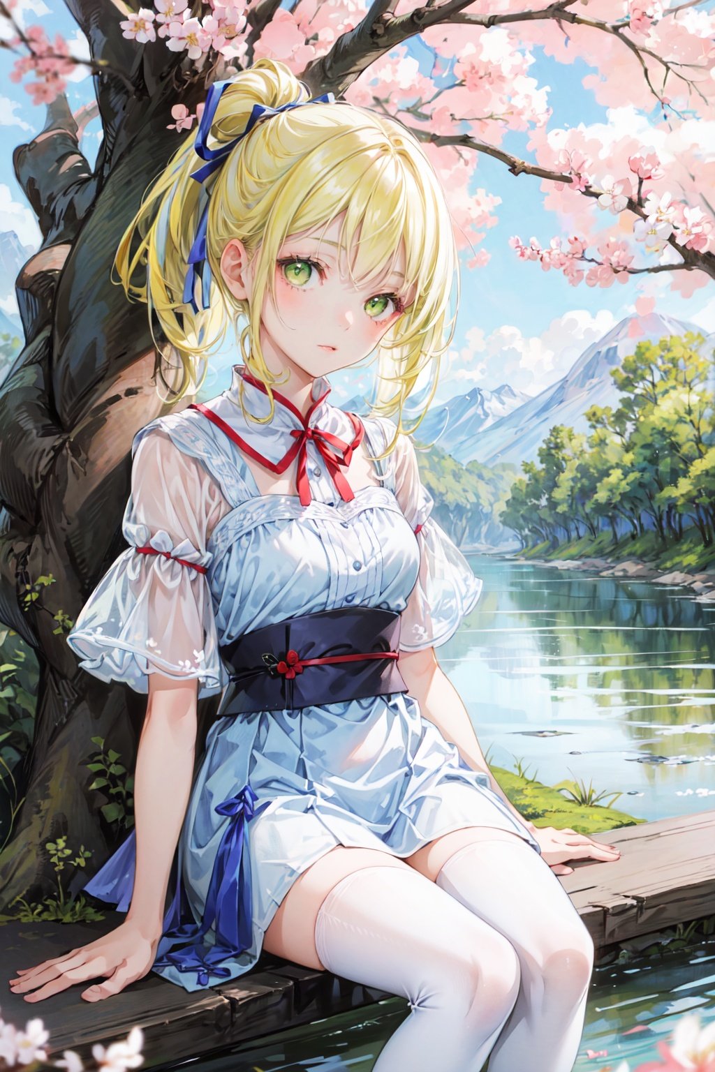  1girl, yellow hair, a dull hair, green eyes, red cheeks. Her hair is tied up with blue ribbons, she is wearing white clothes, white stockings, and the background of the picture is cherry blossom.she is sitting under the tree beside the river.,backlight,hanging