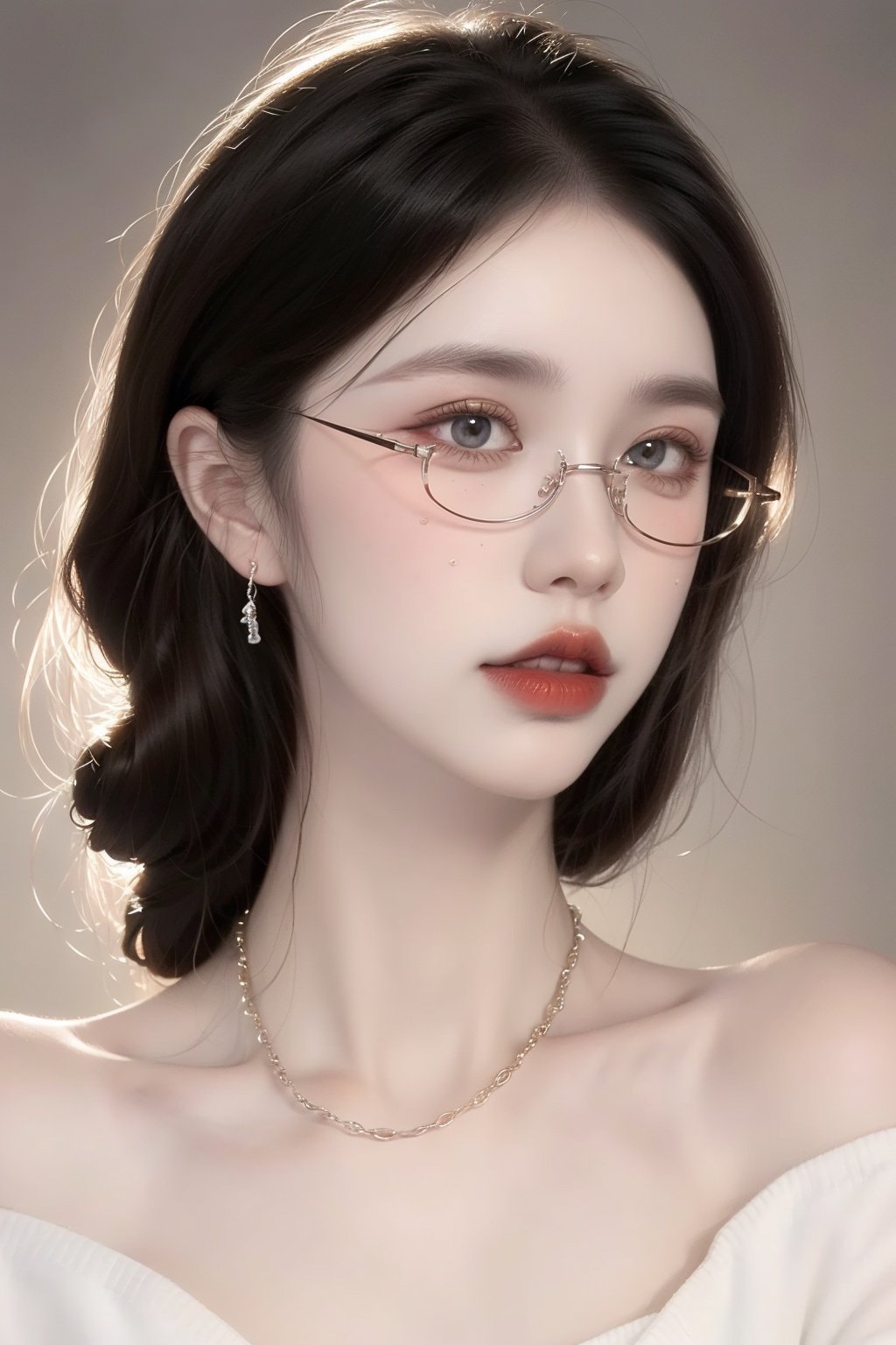  A girl, long white hair, flowing hair, bust, close-up of face, bust, fair skin, necklace, masonry, gem, ear chain, clavicle, off-the-shoulder, exquisite facial features and makeup.Red lips and delicate eye makeup.Delicate hair,Staring at the audience,Glasses have silver chains on them.Glasses, glasses,Wearing glasses,
( Best Quality: 1.2 ), ( Ultra HD: 1.2 ), ( Ultra-High Resolution: 1.2 ), ( CG Rendering: 1.2 ), Wallpaper, Masterpiece, ( 36K HD: 1.2 ), ( Extra Detail: 1.1 ), Ultra Realistic, ( Detail Realistic Skin Texture: 1.2 ), ( White Skin: 1.2 ), Focus, Realistic Art,liuguang,liuguang,bankuang