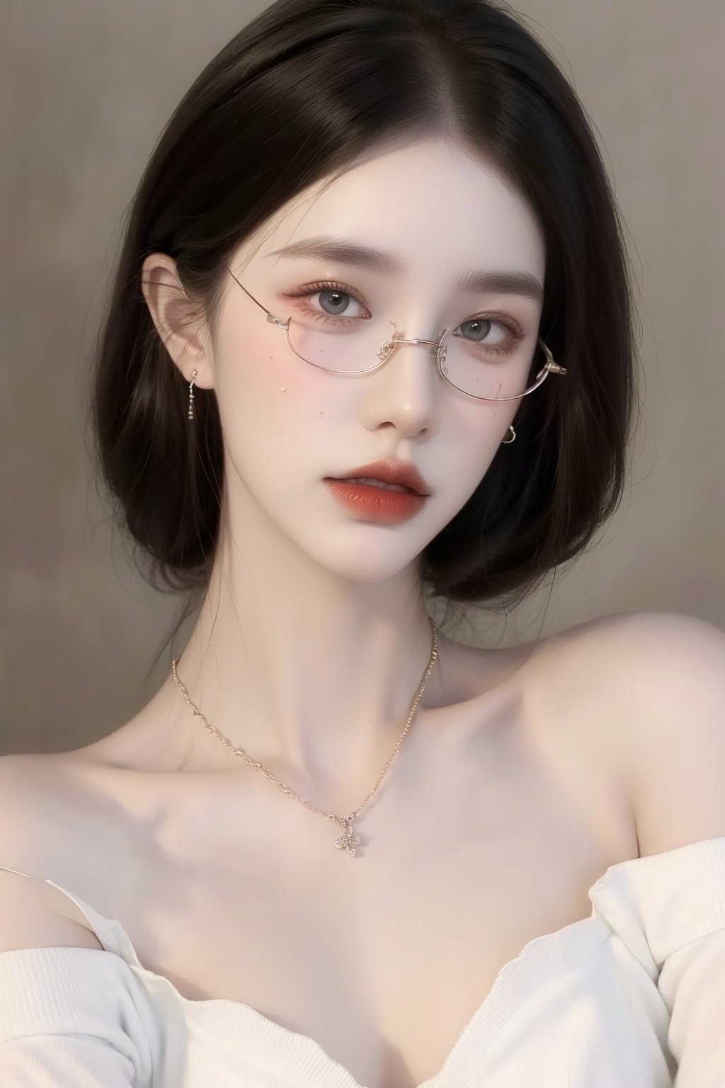  A girl, long white hair, flowing hair, bust, close-up of face, bust, fair skin, necklace, masonry, gem, ear chain, clavicle, off-the-shoulder, exquisite facial features and makeup.Red lips and delicate eye makeup.Delicate hair,Glasses, glasses,Wearing glasses,
( Best Quality: 1.2 ), ( Ultra HD: 1.2 ), ( Ultra-High Resolution: 1.2 ), ( CG Rendering: 1.2 ), Wallpaper, Masterpiece, ( 36K HD: 1.2 ), ( Extra Detail: 1.1 ), Ultra Realistic, ( Detail Realistic Skin Texture: 1.2 ), ( White Skin: 1.2 ), Focus, Realistic Art,liuguang,liuguang,bankuang