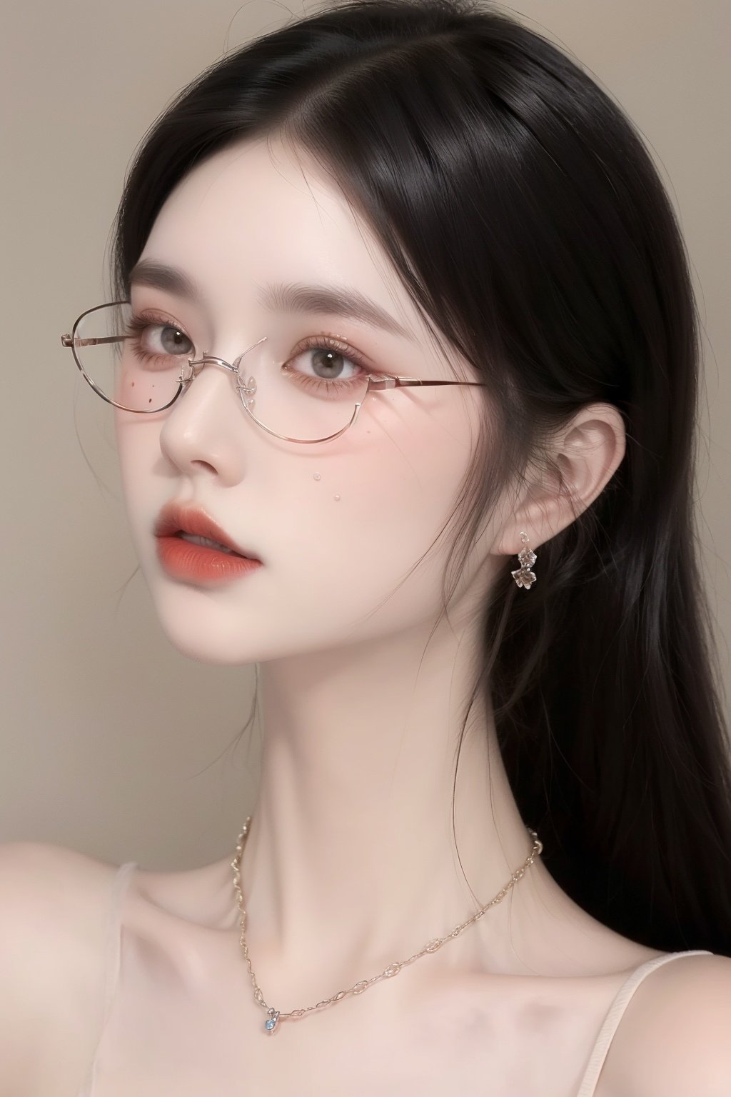  A girl, long white hair, flowing hair, bust, close-up of face, bust, fair skin, necklace, masonry, gem, ear chain, clavicle, off-the-shoulder, exquisite facial features and makeup.Red lips and delicate eye makeup.Delicate hair,Staring at the audience,Silver chain,.Glasses, glasses,Wearing glasses,
( Best Quality: 1.2 ), ( Ultra HD: 1.2 ), ( Ultra-High Resolution: 1.2 ), ( CG Rendering: 1.2 ), Wallpaper, Masterpiece, ( 36K HD: 1.2 ), ( Extra Detail: 1.1 ), Ultra Realistic, ( Detail Realistic Skin Texture: 1.2 ), ( White Skin: 1.2 ), Focus, Realistic Art,liuguang,liuguang,bankuang