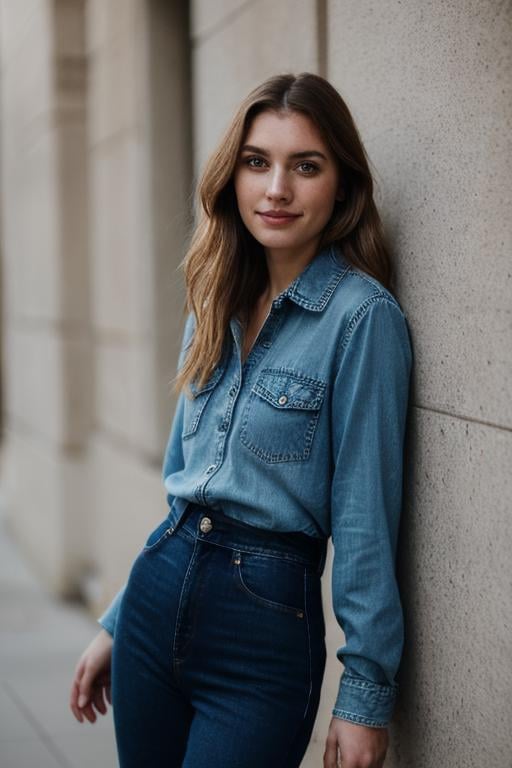 PA7_Portrait-HL_v2, a woman, medium hair, striking facial features, middle smile, confident, wearing longsleaves blouse, denim jeans, grungy background, cinematic lighting, 