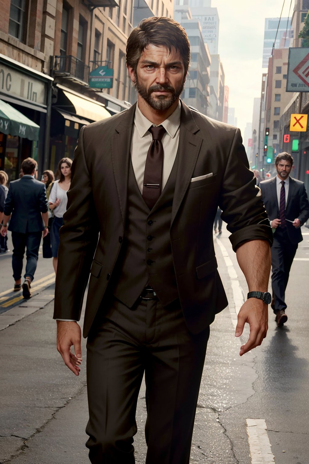 ((masterpiece, best quality))
TLOUJoel, 1boy, solo, brown hair, brown eyes, beard, in a busy urban street, wearing a tailored three-piece suit, confidently striding forward amidst the city's hustle and bustle
