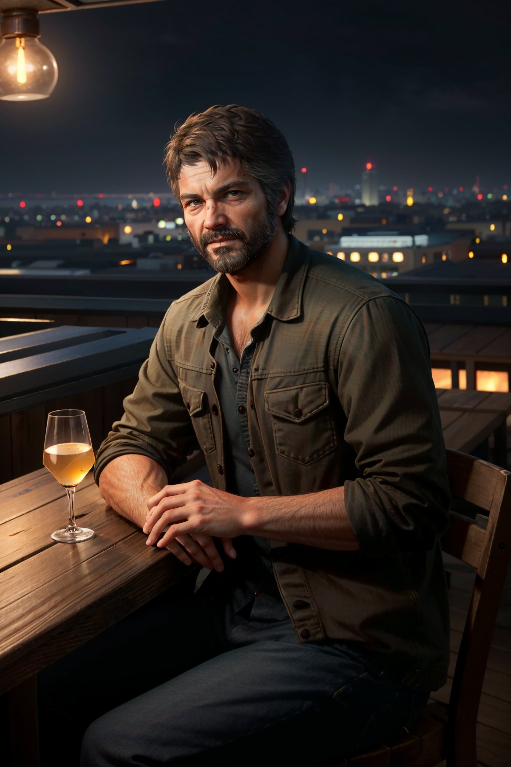 ((masterpiece, best quality))
TLOUJoel, 1boy, solo, brown hair, brown eyes, beard, at a high-end rooftop bar, sipping a martini while gazing at the stunning city skyline at night
