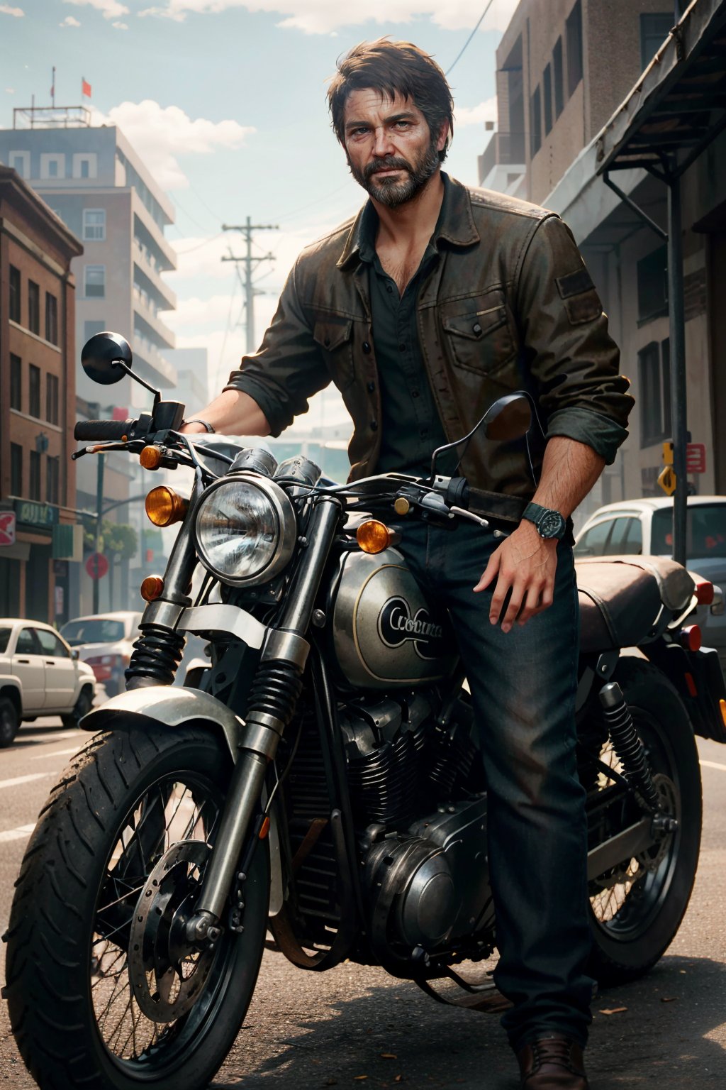 ((masterpiece, best quality))
TLOUJoel, 1boy, solo, brown hair, brown eyes, beard, Posing by a classic motorcycle, clad in rugged biker attire, with an adventurous spirit
