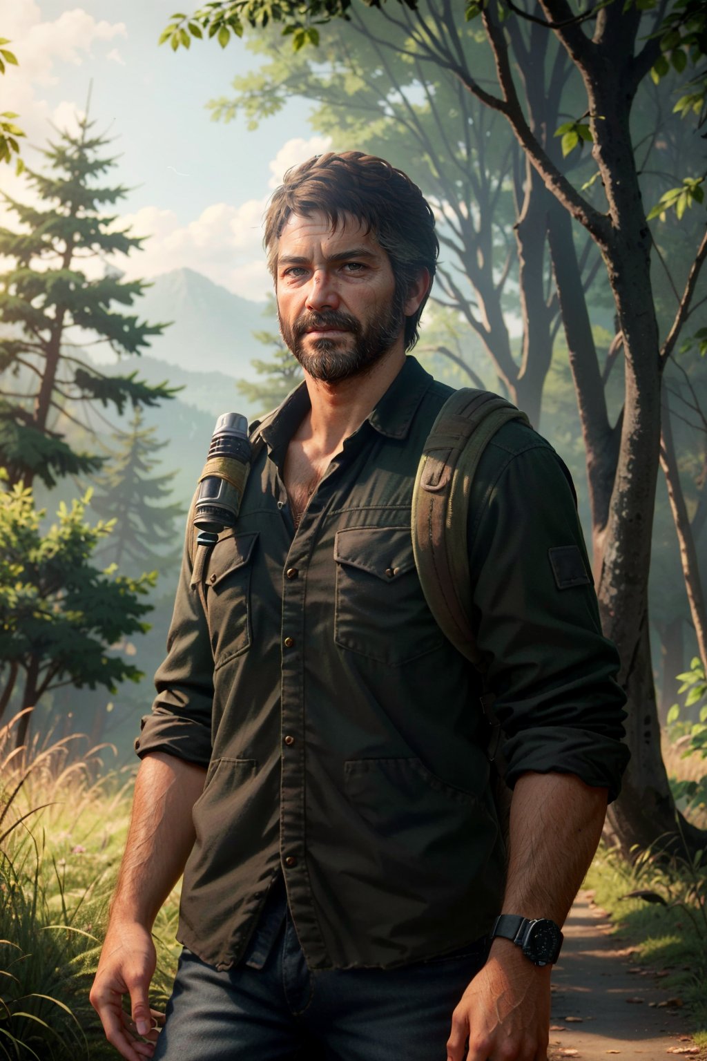 ((masterpiece, best quality))
TLOUJoel, 1boy, solo, brown hair, brown eyes, beard, In a serene, tranquil forest, wearing outdoor gear and enjoying a peaceful nature hike
