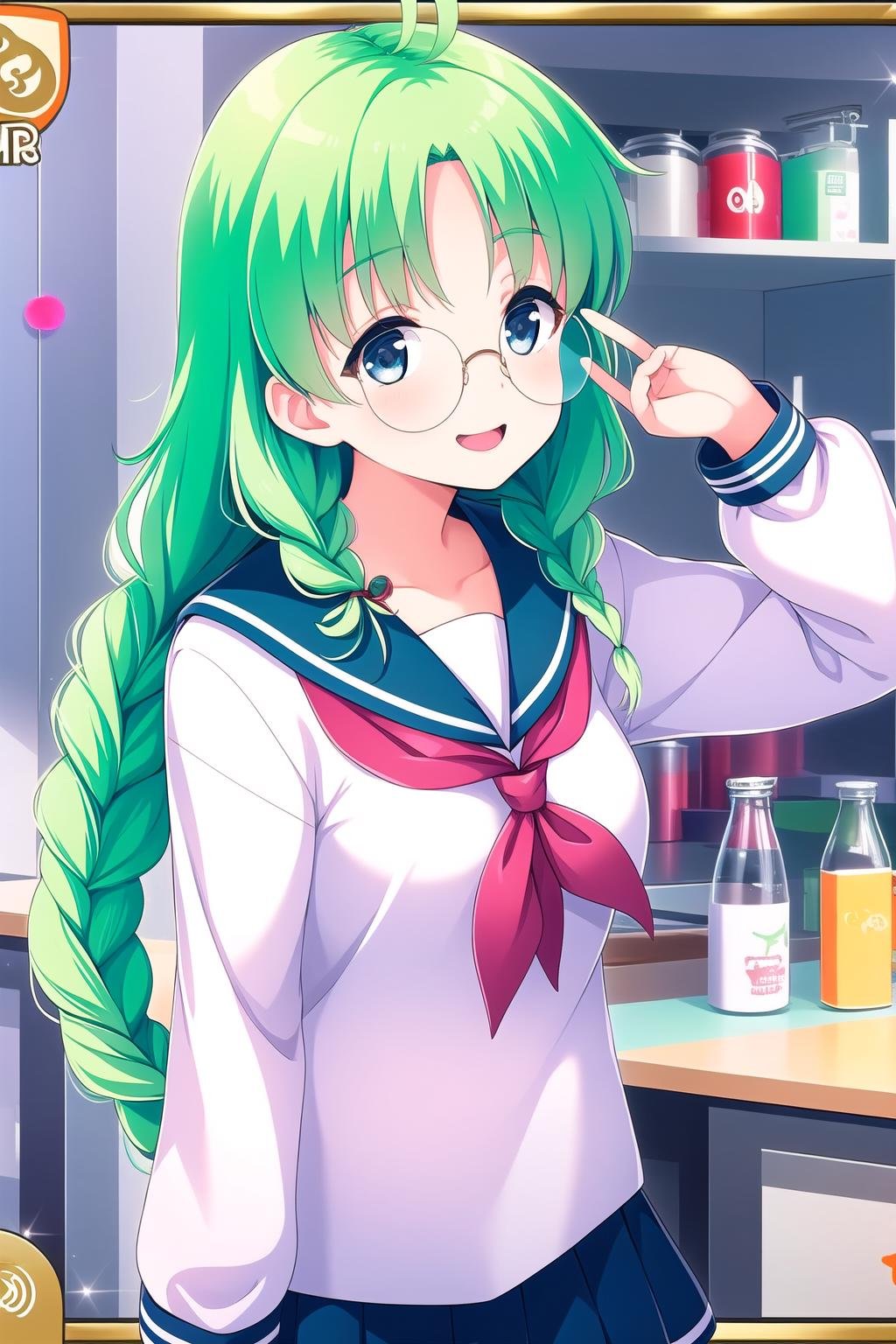 (masterpiece, best quality), highly detailed background, perfect lightingbest quality, yukawakise, solo, green hair, ahoge, long hair, twin braids, glasses, coke-bottle glasses, opaque glasses, round eyewear, grey serafuku, long sleeves, sailor collar, pleated skirt, school uniform, smile, open mouth, pink lips, <lora:Yukawa-Kise:0.7>