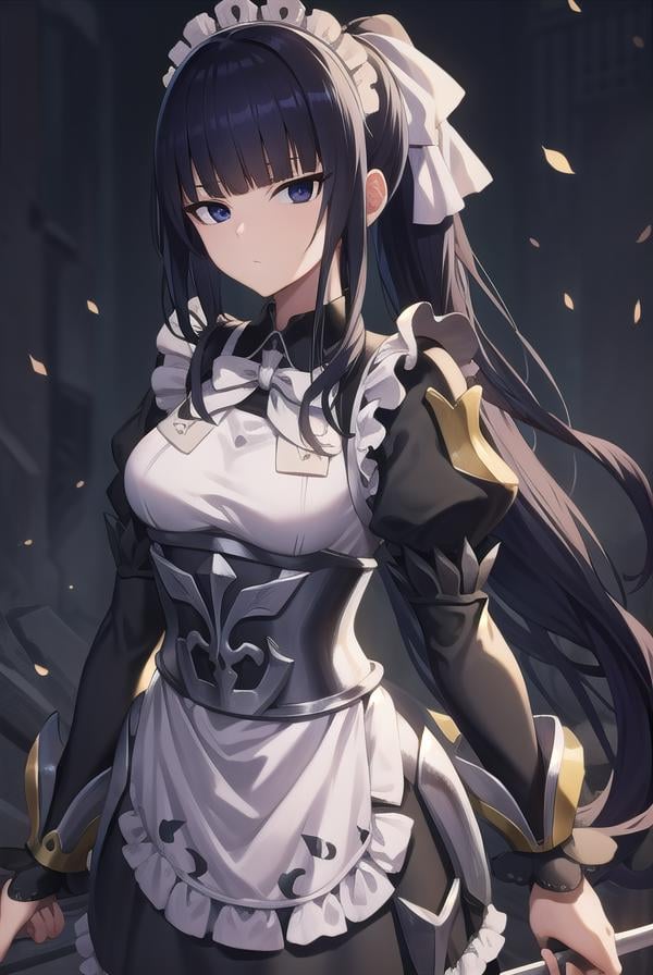 narberalgamma, <lora:narberalgammatest:1>, narberal gamma, black hair, high ponytail, long hair, slanted eyes, narrow eyes, (black eyes:1.5),BREAK apron, armor, black dress, dress, frills, long sleeves, maid, maid headdress, puffy sleeves,BREAK looking at viewer,BREAK outdoors, city,BREAK <lora:GoodHands-vanilla:1>, (masterpiece:1.2), best quality, high resolution, unity 8k wallpaper, (illustration:0.8), (beautiful detailed eyes:1.6), extremely detailed face, perfect lighting, extremely detailed CG, (perfect hands, perfect anatomy),