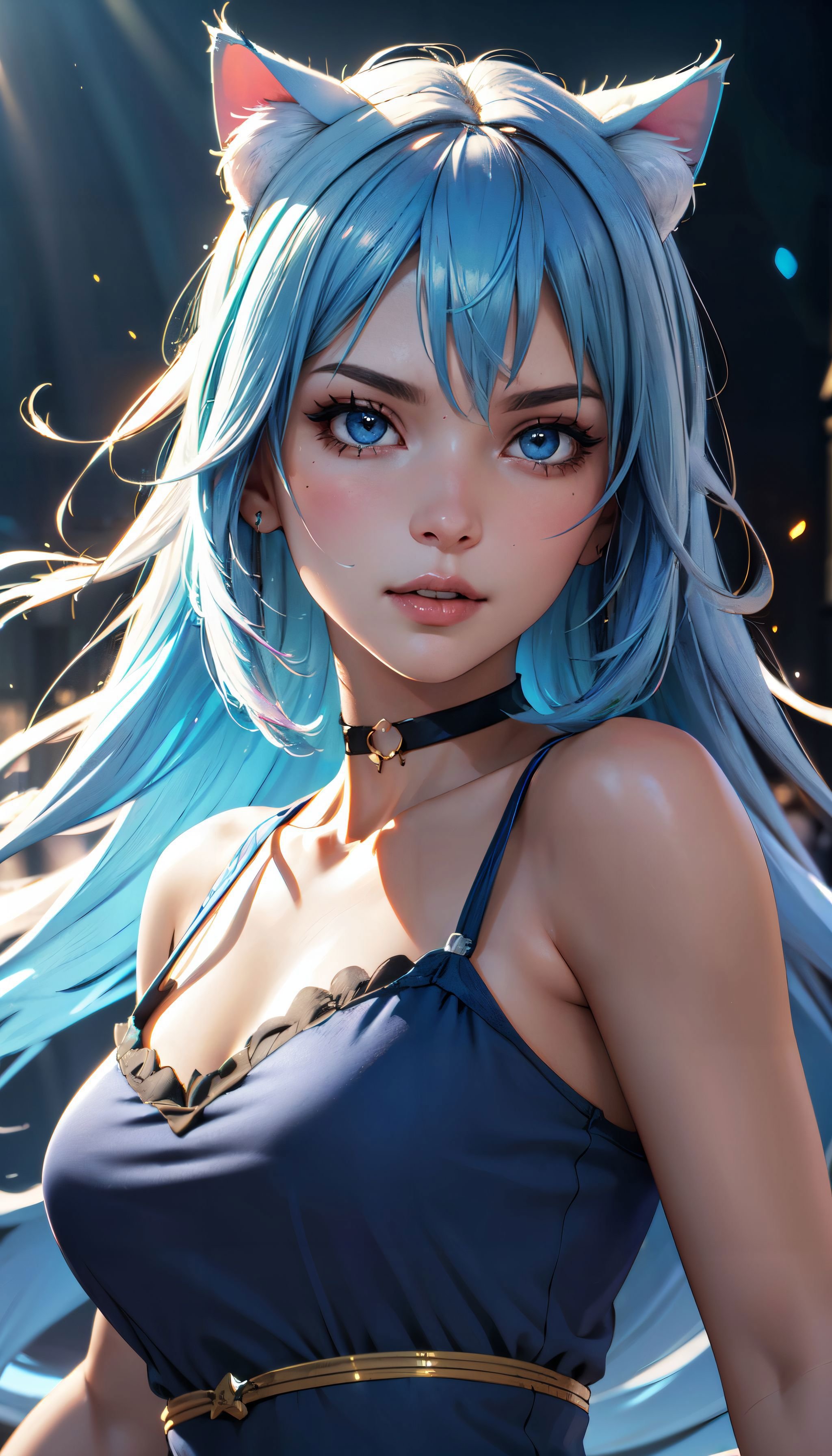 photorealistic, octane render, sharp focus, (8k), (4k), (Masterpiece), (realistic skin texture), extremely detailed, intricate, hyper detailed, soft lighting, high resolution, sharp detail, (best quality, hires, high resolution), extremely detailed, highres, (Volumetric lighting, sunlight, cinematic lighting), 1girl, long hair, light blue hair, long hair, cat ears, blue choker, blue dress, <lora:Fairy_Queen_VRMMO-000002:0.7>  medieval arena, outdoors, dynamic pose, fighting stance,  <lora:GoodHands-beta2:0.8> ,  <lora:BetterFeet:0.8> , 